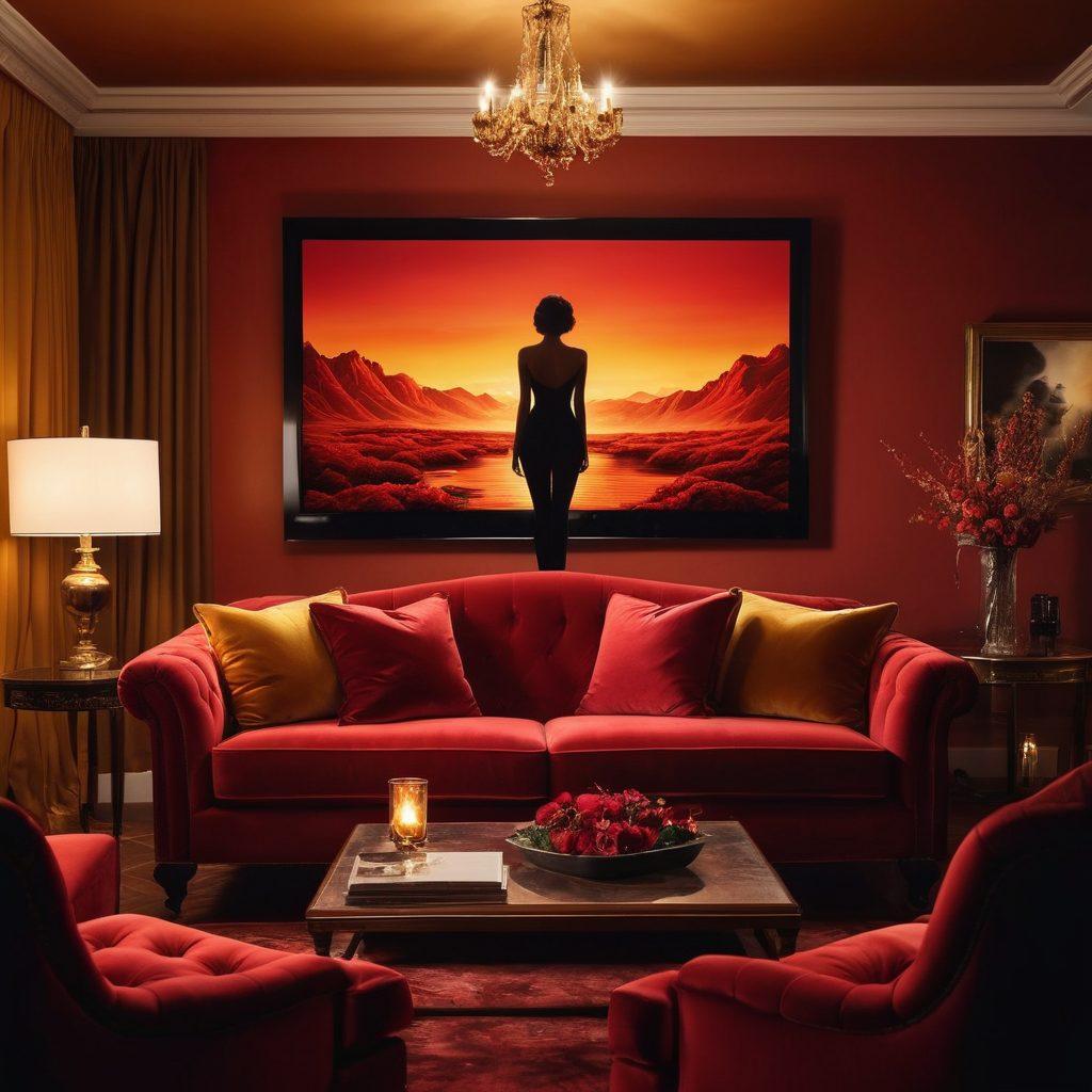 A tantalizing scene of a dimly lit room with plush velvet couches and soft candlelight illuminating a collection of vibrant, sensual video thumbnails on a large screen. A figure is seen in silhouette, immersed in the experience, surrounded by tasteful adult entertainment paraphernalia. Warm tones of red and gold enhance the atmosphere, inviting viewers to explore their passions. Artistic flair and elegance blend, creating a visually captivating yet sophisticated image. super-realistic. rich colors. soft focus.