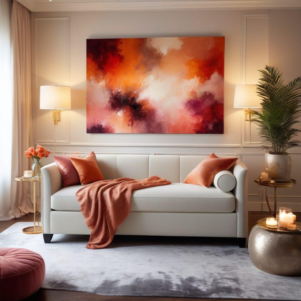 An inviting cozy space with soft ambient lighting, featuring elegant abstract art pieces on the walls, a plush chaise lounge draped with luxurious fabrics, and tasteful decor that hints at sensuality and exploration. Include subtle elements suggestive of wellness, like candles and essential oil diffusers. Vivid colors to evoke warmth and comfort. super-realistic. vibrant colors. soft focus.